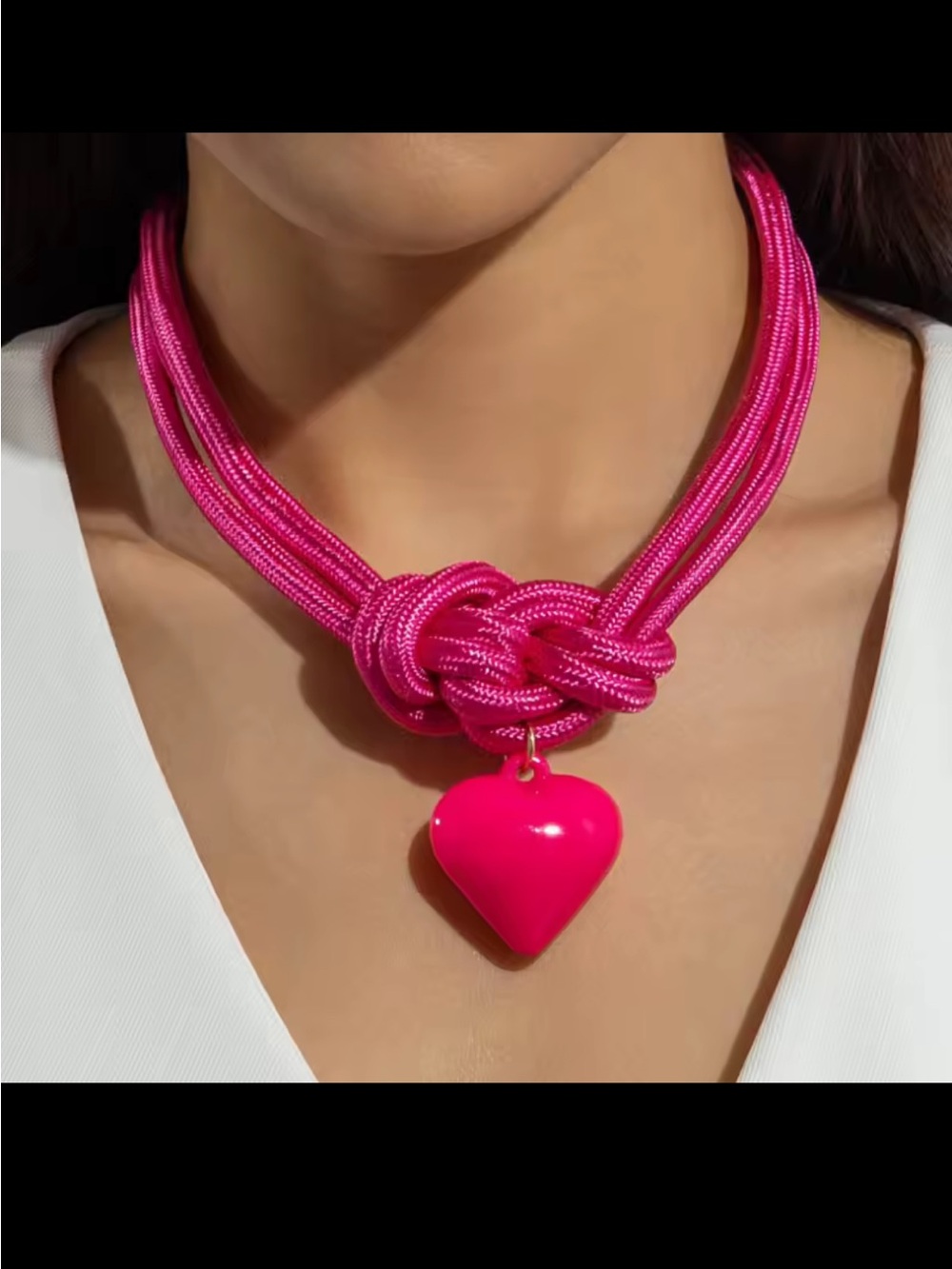 Hot Pink Knotted Cord Necklace with Heart Pendant